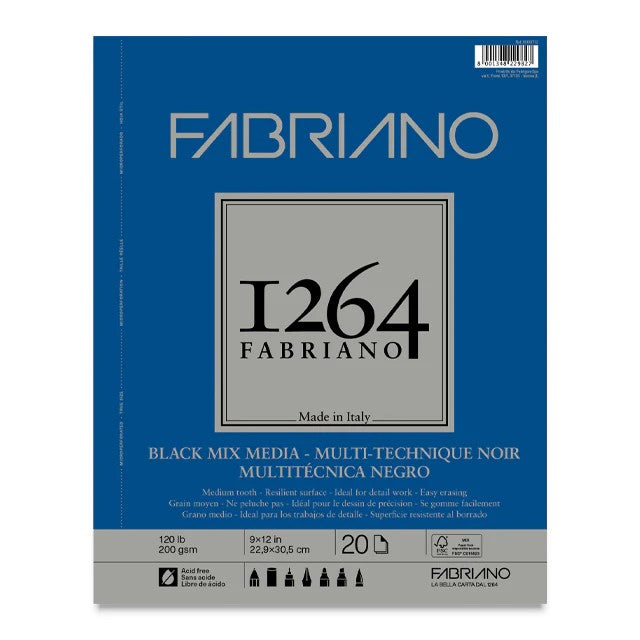 FABRIANO - 1264 Black Mixed Media Pads (Libreta de Multitecnicas Hojas Negras 200GSM)